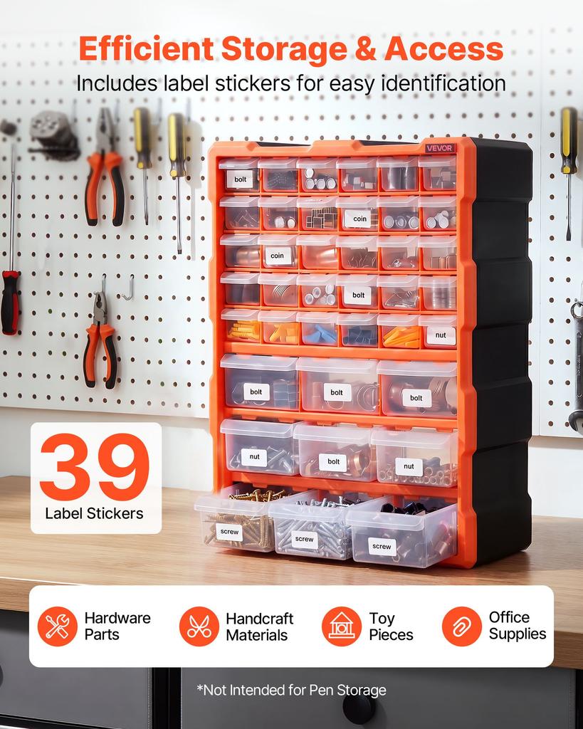 VEVOR 39-Drawer Storage Organizer, Plastic, Drawer Storage Cabinet for Garage Organization, Stackable Small Parts Organizer, Wall-Mounted Toolbox