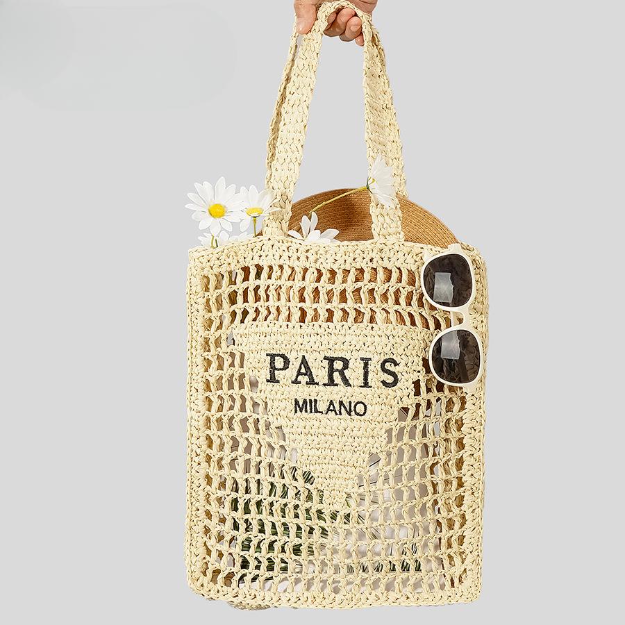 Pure Handmade Woven Handbag Women's Rustic Style Hollow Embroidery Letters Straw Bag Large Capacity Shoulder Bag