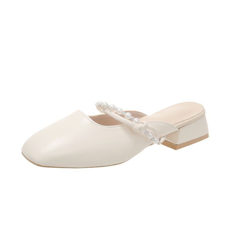 2025 Spring and Summer New French Bag Head Half Slippers Women's Outer Wear Square Head High Heels Thick Heel Gentle with Skirt Explosion