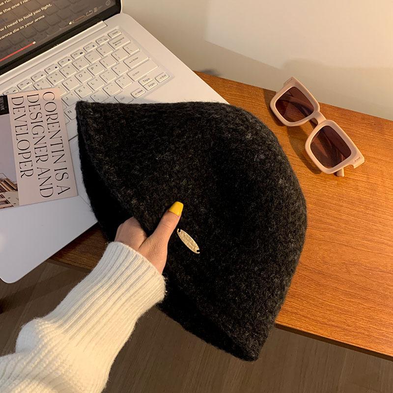 Brown Knitted Bucket Hat Women's New Autumn and Winter Ear Protector Basin Hat Wool Bucket Hat