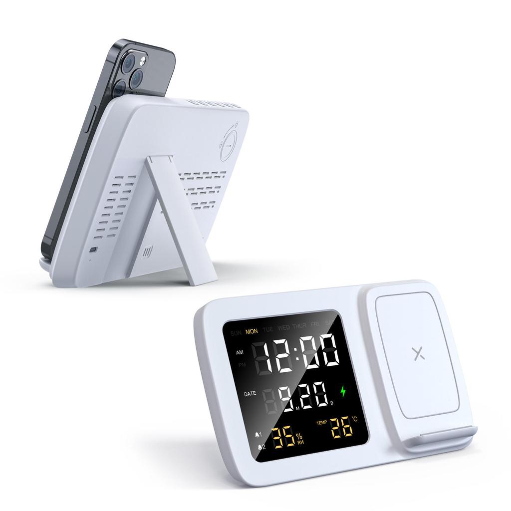 Foldable Desk Dual 15W Wireless Charger Mobile Phone Stand with LED Light Digital Alarm Clock Calendar Temperature Snooze Mode
