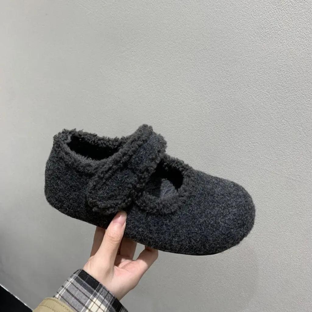 Retro suede inner heightening Mary Jane shoes women's 2024 winter small high-heeled plush warm fluffy cotton single shoes