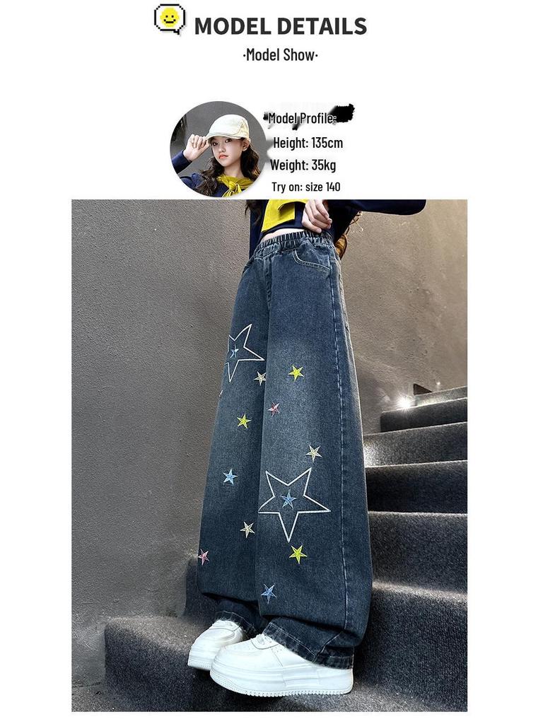 Women's 2025 Autumn Retro Star Embroidered Wide-Leg Jeans