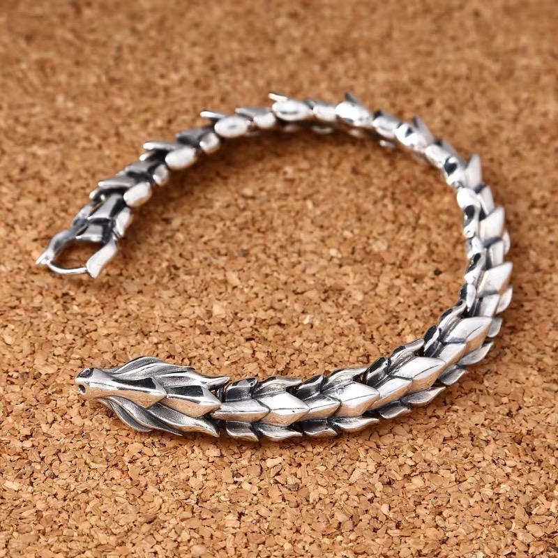 12mm Width Real Silver Retro Classical Dragon Links Bracelets For Man Male S925 Sterling Silver Vintage Bracelet Fine Jewelry