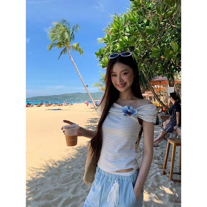 

005 #special, short-sleeved t-shirt women s summer explosion French striped blue shoulder short sexy top S