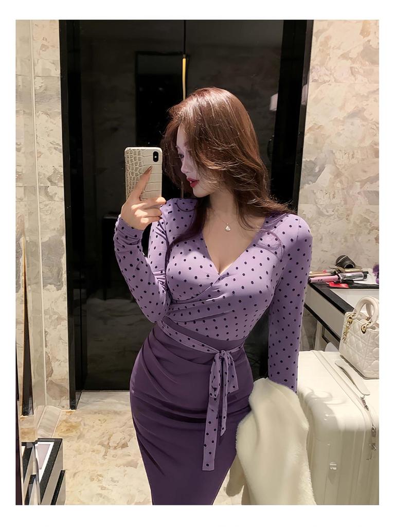 Purple Polka Dot V-Neck Two-Piece Long Dress with Cinched Waist and Slim Fit