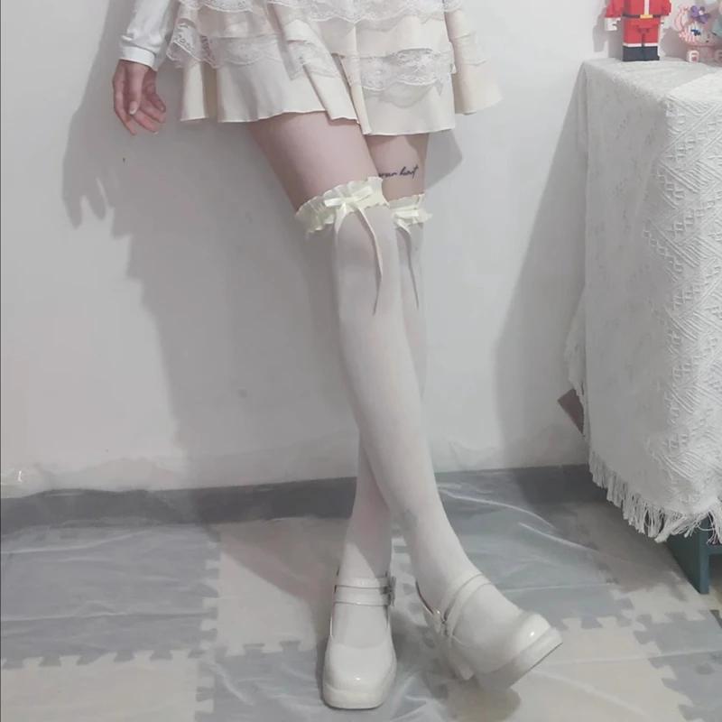Women Lace Black White Ruffle Long Socks Women Girls Sweet Stockings JK Lolita Nylon Lace Leggings Over The Knee Bowknot Hosiery