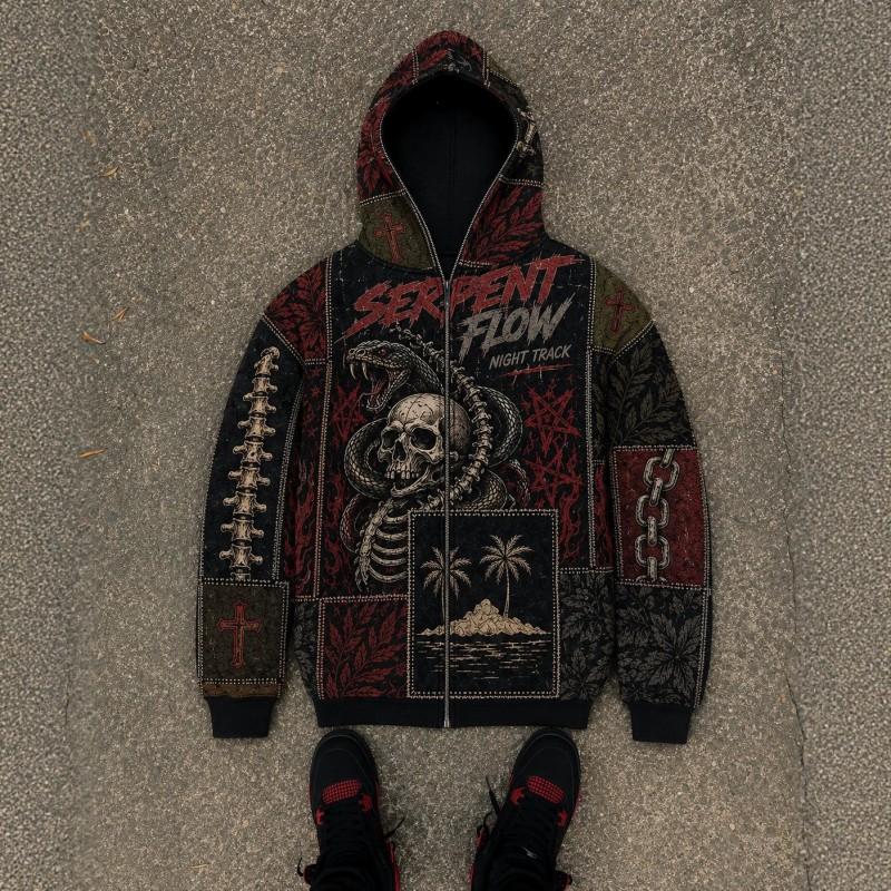 American Vintage 3D Printed Zip Up Hoodie Y2K Style Loose Fit Sweatshirt Youth