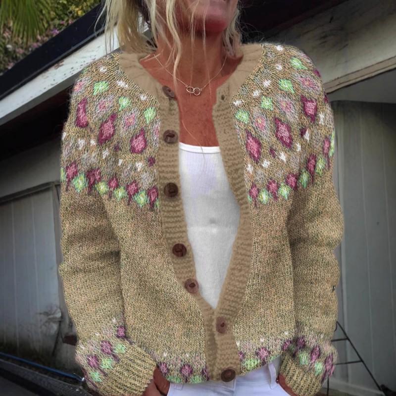 Womens Color Block Knit Cardigan Loose Fit Long Sleeve Geometric Casual Commute Style