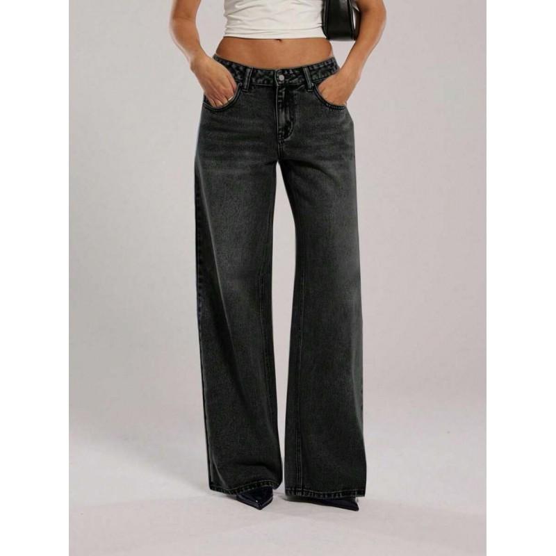Womens Vintage Low Waist Loose Straight Leg Jeans Washed Blue Casual Denim Pants