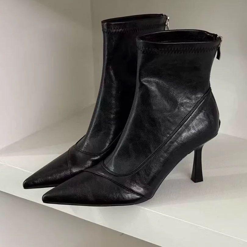 British Temperament French Slim Pointed Women'S Boots Short High Heels Fashion Boots Rear Zipper Thin Short Boots