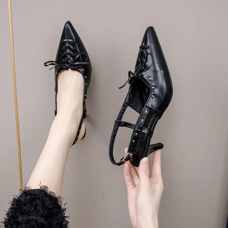 Lace with Bow-tied Skinny Heel Overhead Sandals Female Summer New Temperament Pointy Head After Empty Fashion High Heels