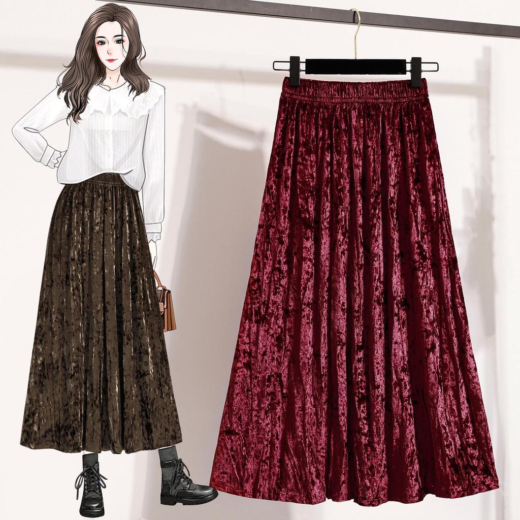 Pleated Velvet A-Line Skirt: Women's Versatile Mid-Length High-Waisted Slimming Style for Autumn and Winter