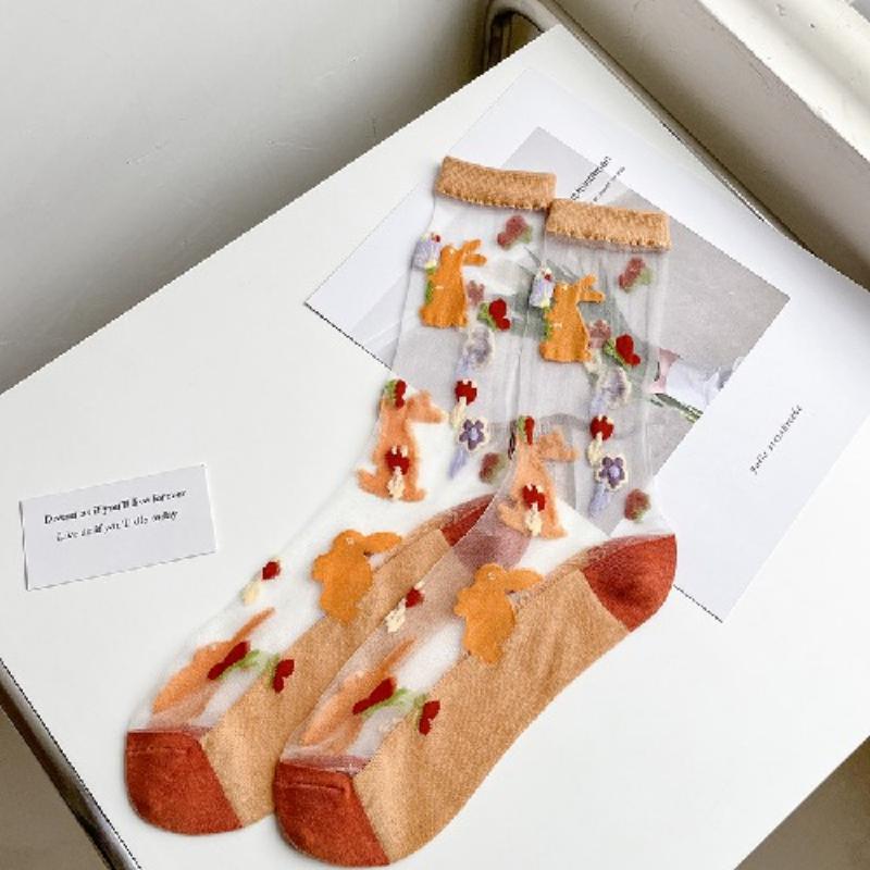 Ultra-thin Transparent Crystal Silk Socks Women Fashion Summer Harajuku Crew Socks Retro Flower Streetwear Elastic Long Socks