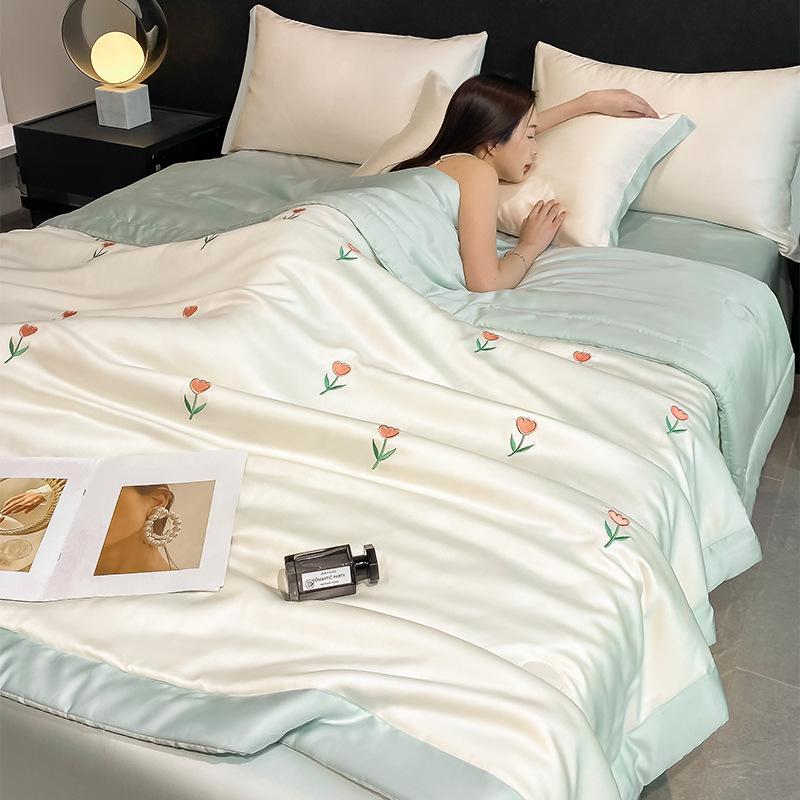 Embroidered Ice Silk Summer Quilt Set: 4-Piece, Machine Washable, Thin & Cool