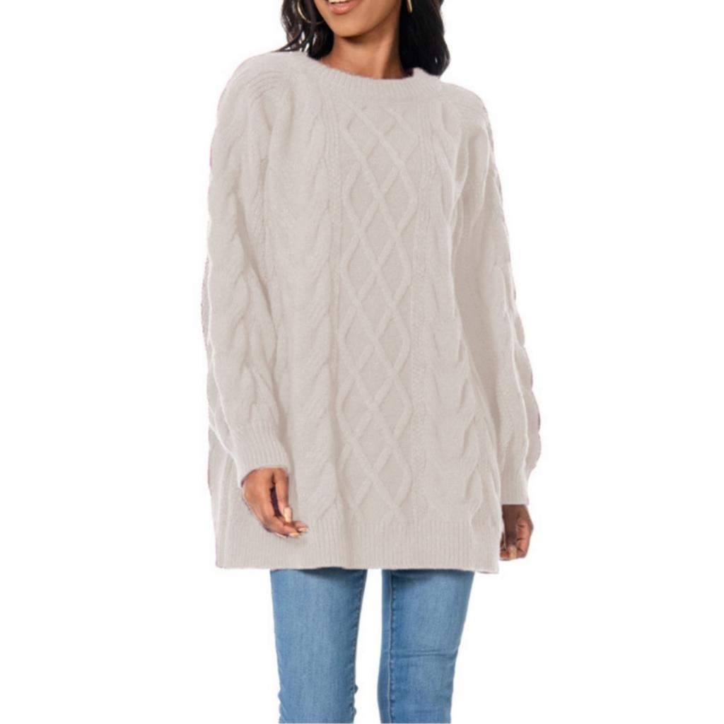 Fashionable Women's Thick-knit Pullover Round Neck Cable Sweater