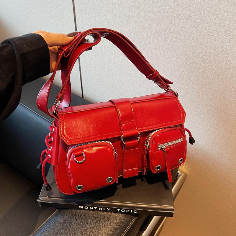 Ielgy Texture Trendy Cool Hot Girl Underarm Baguette Motorcycle Bag Shoulder Messenger Bag