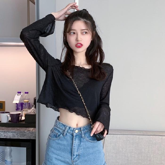 

Новая летняя женская тонкая солнцезащитная футболка с длинным рукавом - свободный короткий и легкий топ Large чёрный