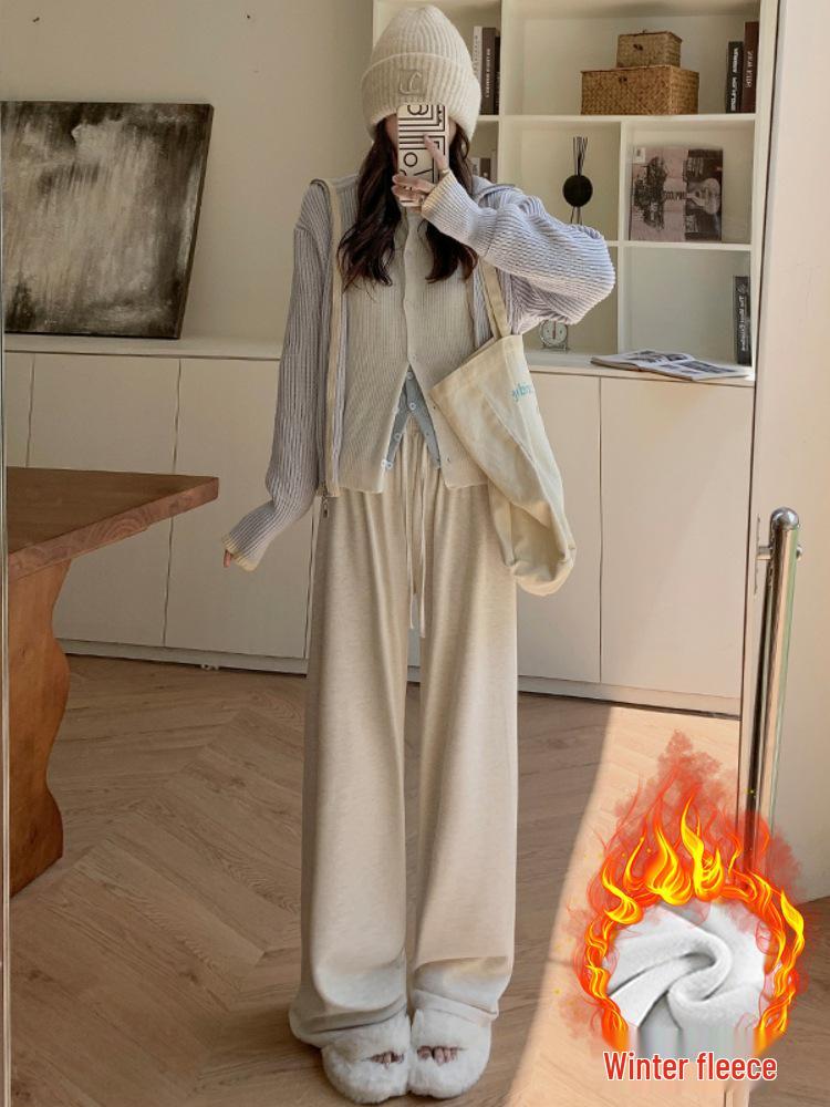 Women's Dark Gray Soft Wide-Leg Glutinous Rice Pants - Spring/Autumn Plus Velvet Warm Casual Petite Long Pants.