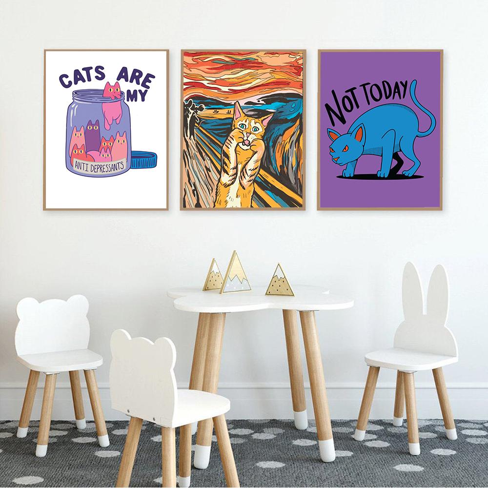 Grim Tattoo Cat on Red Sun Canvas Painting Funny Cute Cat Samurai Poster Print Kids Bed Home Room Wall Art Decoration Pictures