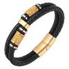 Pulseira Nórdica Viking de Couro Trançado com Duas Tiras em Ouro e Aço Inoxidável