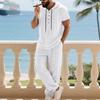 Autumn Casual Linen Hooded Short Sleeve Henley Shirt with Long Pants Set for Men