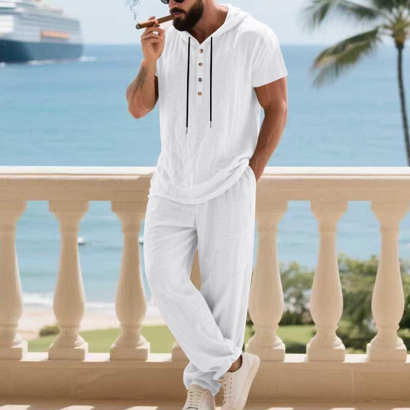Autumn Casual Linen Hooded Short Sleeve Henley Shirt with Long Pants Set for Men