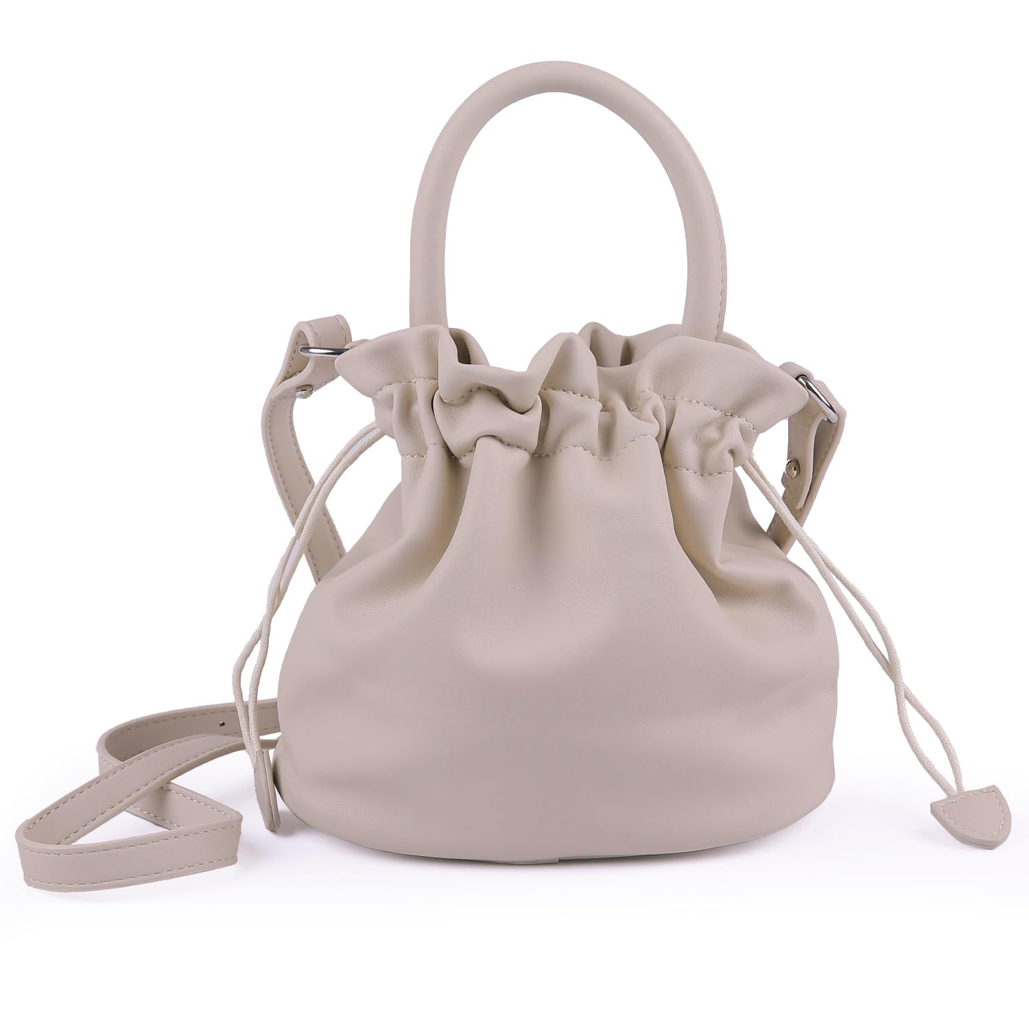 

PETITCHOU Shoulder Bag, Pouch, Handbag, 2-Way, Pleated, Drawstring, Handle, Crossbody, Compact, Small, Lightweight, Minimalist, Travel, Korean, PU