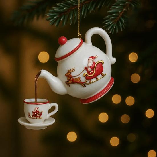 Christmas Teapot Ornament Vintage Christmas Tea Cup And Pot Hanging Decor with Pouring Tea Effect Gift for Tea Lovers