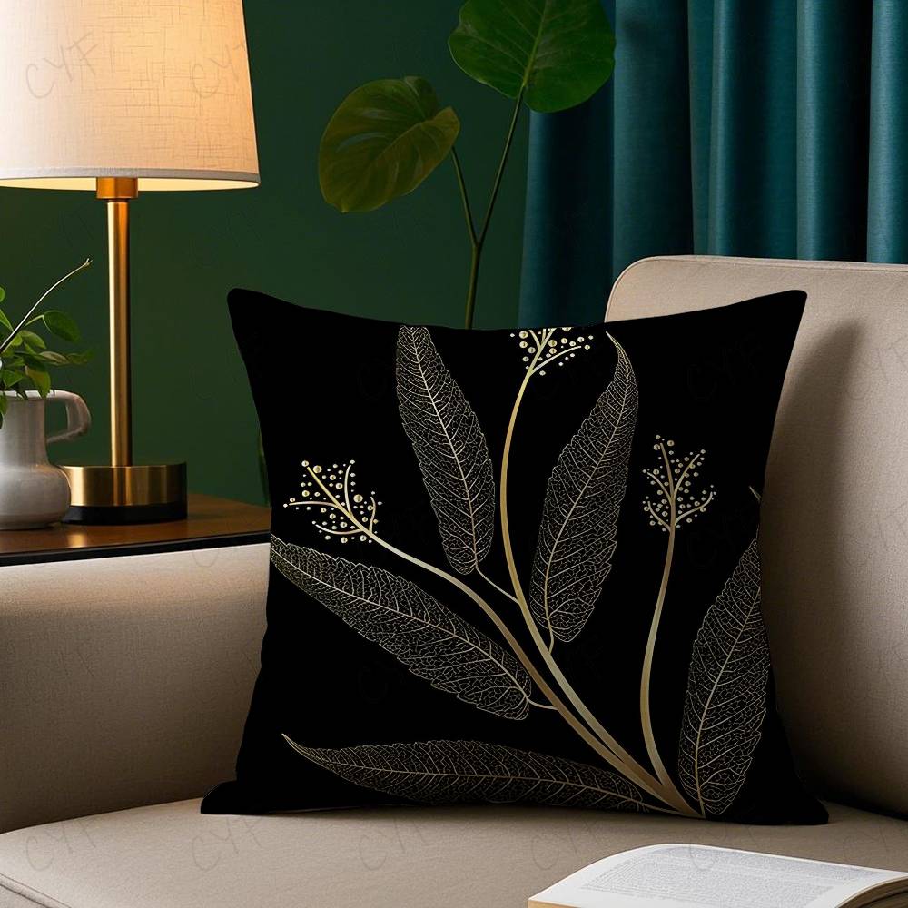 Kissenbezug mit goldenem Blatt- und Zweigmuster Milbendichter Kissenbezug Unsichtbarer Reißverschluss Seidiger Kurzplüsch Sofakissenbezug