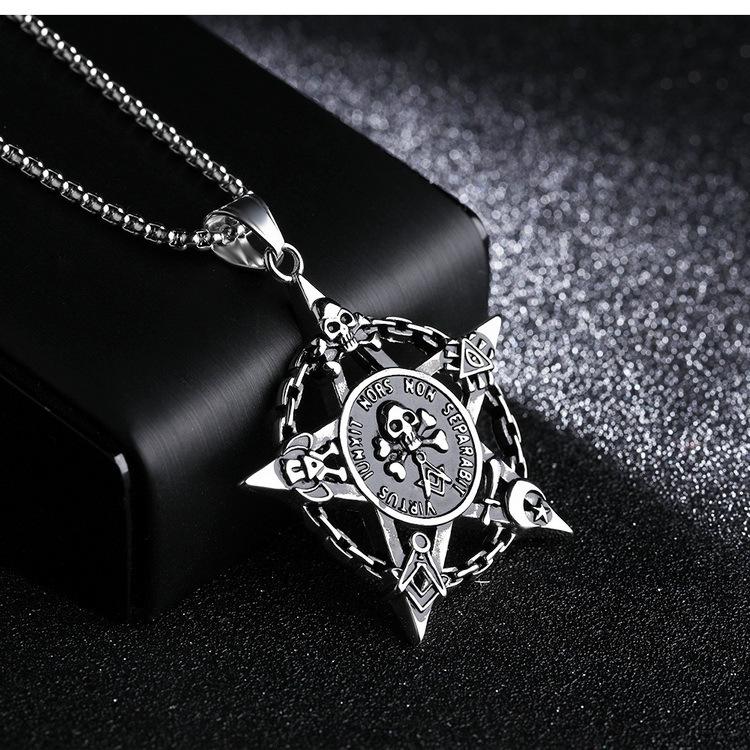 Stainless Steel Punk Skull Pentagram Freemasonry Pendant Necklace for Men