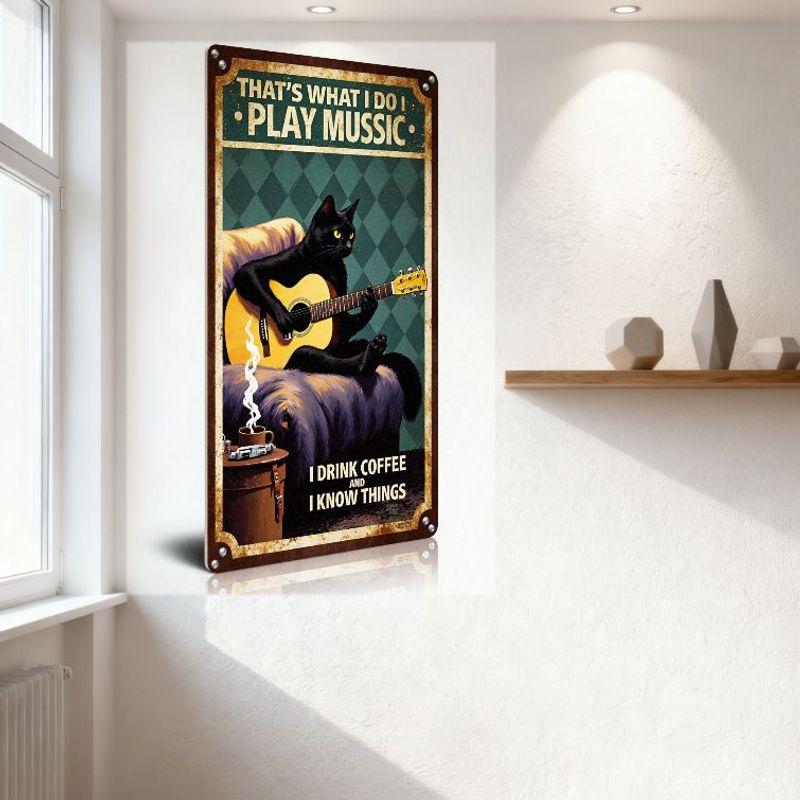 Vintage Metal Sign Black Cat Playing Guitar with Coffee & Cigarette, 'That's What I Do - Play Mussic' Rustic Retro Plaque for Ho