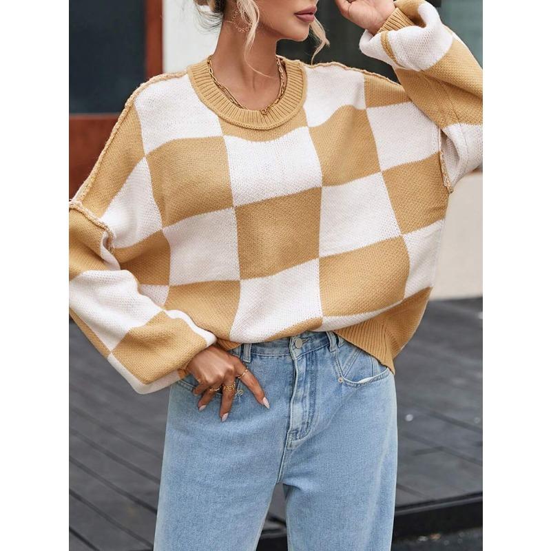 Koszula z długim rękawem w kratę, sweter z okrągłym dekoltem