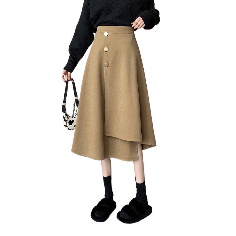 2025 Elegant Woolen A-Line Skirt: Irregular Hem, High Waist, Slimming Design for Women - Perfect for Autumn and Winter.