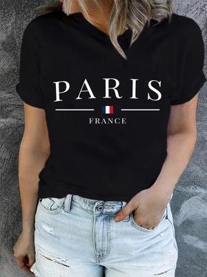 Camiseta Estampada PARÍS Manga Corta Cuello Redondo Top Casual para Verano y Primavera Ropa de Mujer