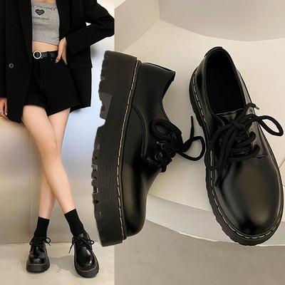 Pantofi mici din piele cu talpă groasă care măresc înălțimea pentru primăvara și toamna femeilor, noi, cu vârf rotund, cu șireturi, pantofi japonezi de fată moale