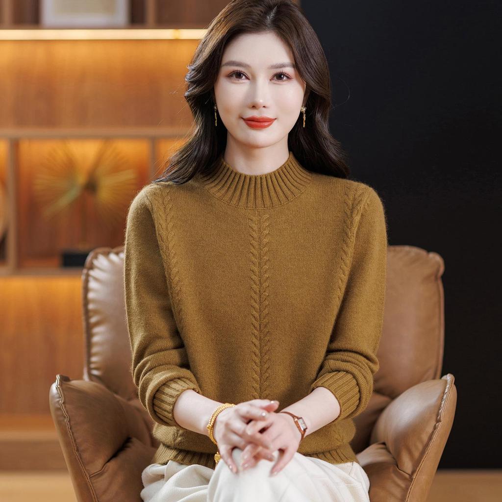 Maternity 100% Pure Wool Autumn/Winter Sweater for Women, Half-High Neck, Thickened Plain Color Base Layer for Middle-Aged & Elderly.