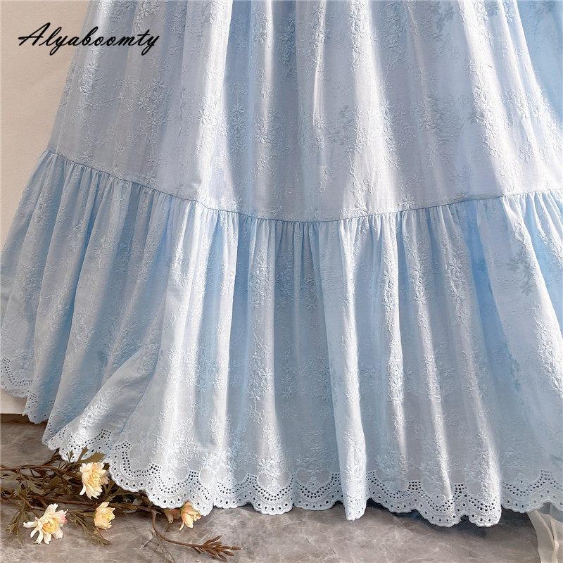 Prairie Chic Frühling Sommer Damen Blauer Midi-Rock Hohe Taille Ausgeschnitten Stickerei Rock Elegant Feminin Baumwolle Süße Röcke Damen