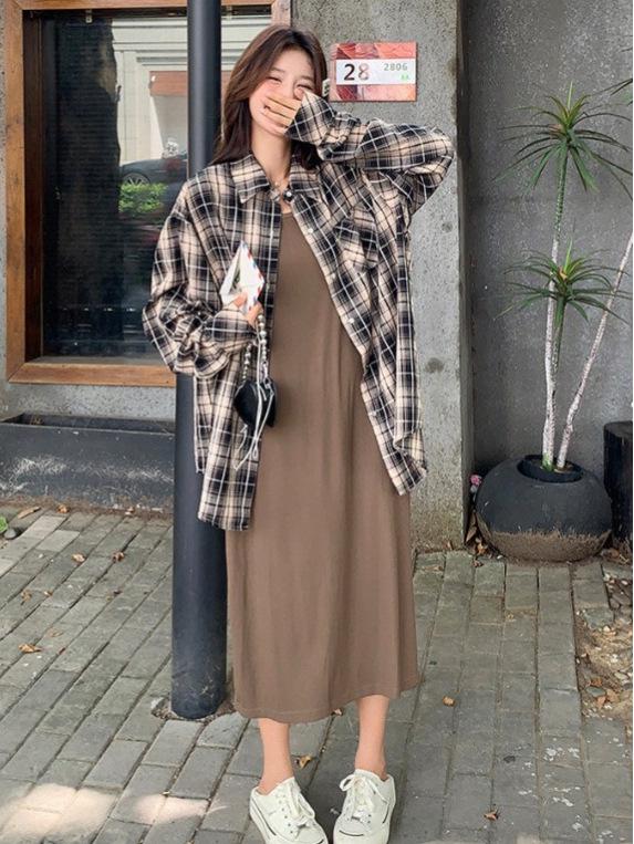 Women's Early Spring 2026 American Retro Blue Plaid Waist-Cinched Long-Sleeved Shirt