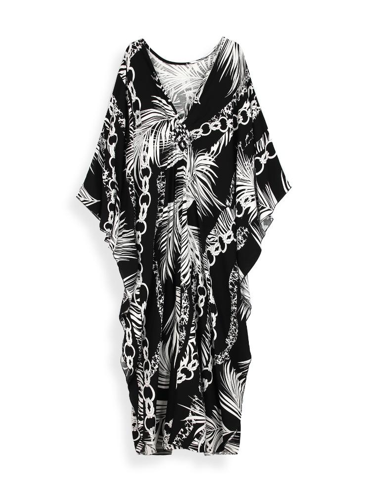 EDOLYNSA Black Kaftan Women's Hot Selling Long Dress Robe Chinese Knot Auspicious Knot V-neck Beach Wear Batwing Sleeve Homewear Q1297