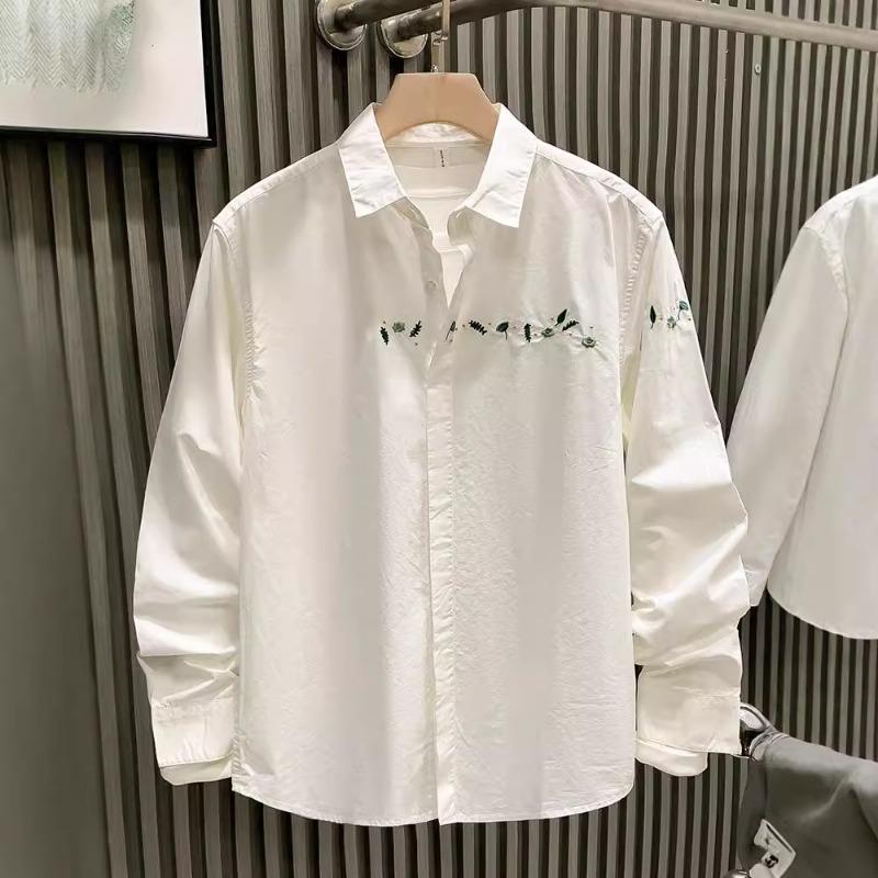 Men's Floral Embroidered Long Sleeve Shirt Casual Pocket Detail Oversized Streetwear Top