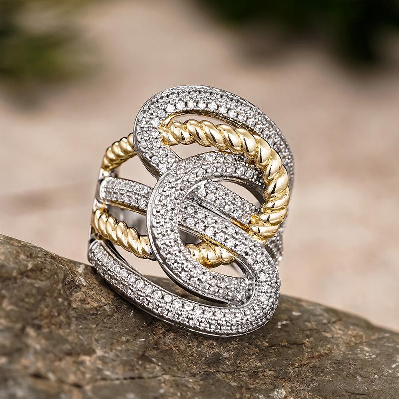 Shiny multi-layer three-dimensional line interwoven ring, business style copper plating two-color hollow geometric wide version ring