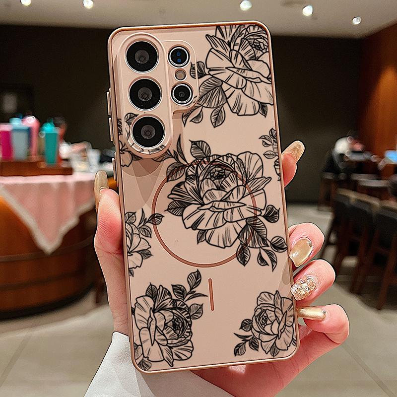 Magnetic For Magsafe Case For Samsung Galaxy S26 Ultra S25 Edge S24 Plus S23 FE S22 A54 A55 A56 5G Sketching Rose Flower Pattern Matte Cover