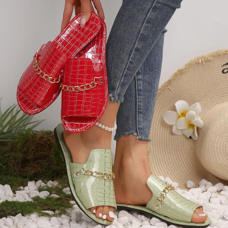 Oversized Flat Slippers with Crocodile Pattern Chain Casual Shoes for Women