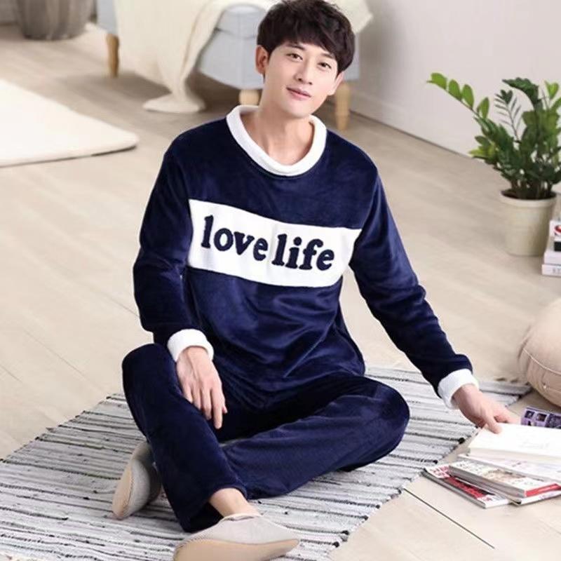 Cute Crew Neck Men's Pajamas Set Autumn Winter Casual Simple New Men's Sleepwear Cartoon Vintage Home Wear