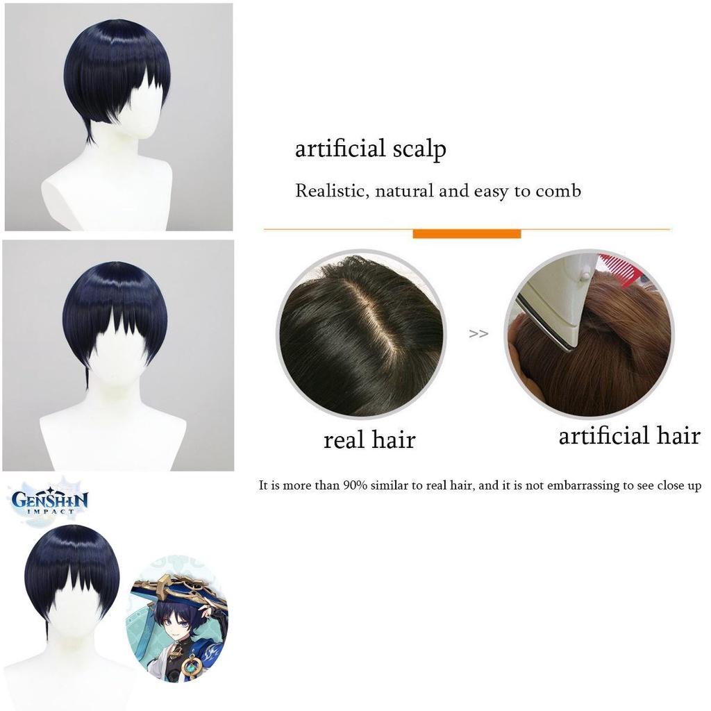 Genshin Impact Kunikuzushi Dark Blue Cosplay Wig Soft High-temperature Fiber Adjustable Fit Realistic Scalp