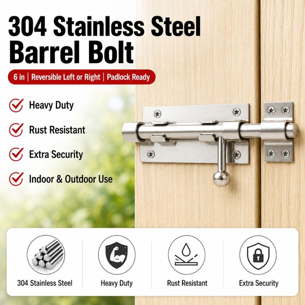 304 Stainless Steel Slide Bolt Lock Heavy Duty Gate Latch Durable Barrel Bolt Latch  Gate