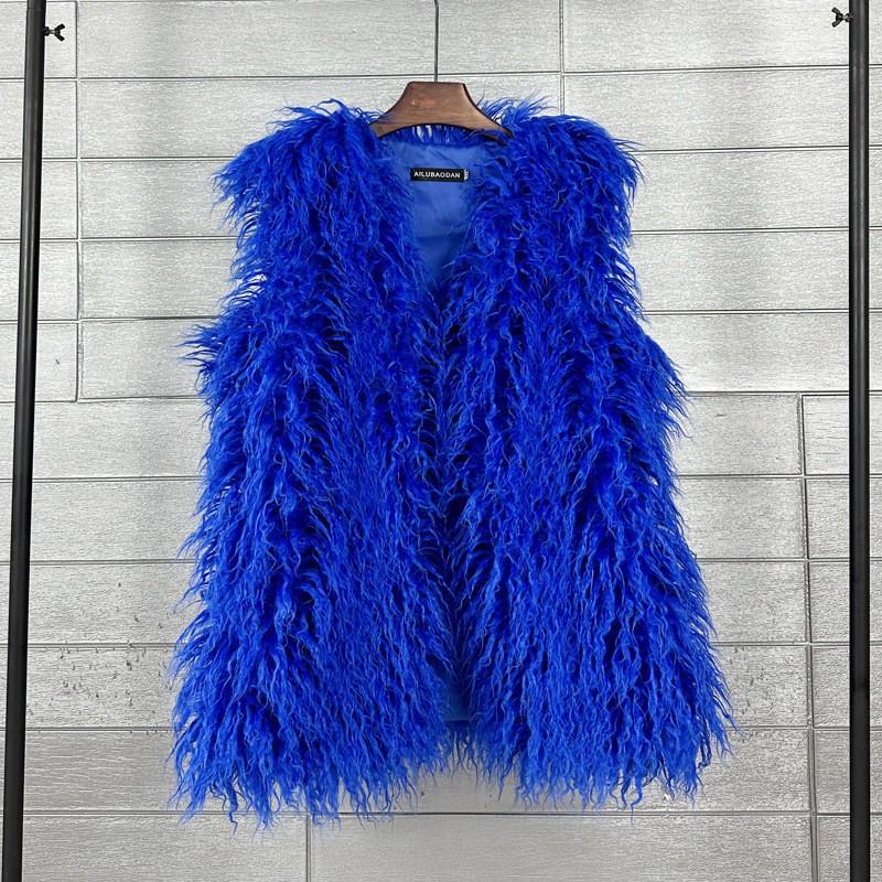 Plus Size Faux Shearling Vest Mid-Length Fur Coat Warm Sleeveless Jacket Women