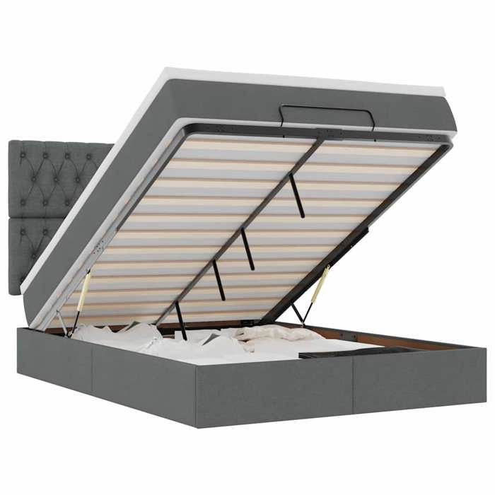 Cadre de lit avec matelas - 140x200 cm - Gris foncé - Rangement sous le lit - Mécanisme de levage hydraulique
