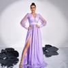 European-American High-End Sequined V-Neck Evening Dress - Long-Sleeve, Elegant Swing for Bridesmaids